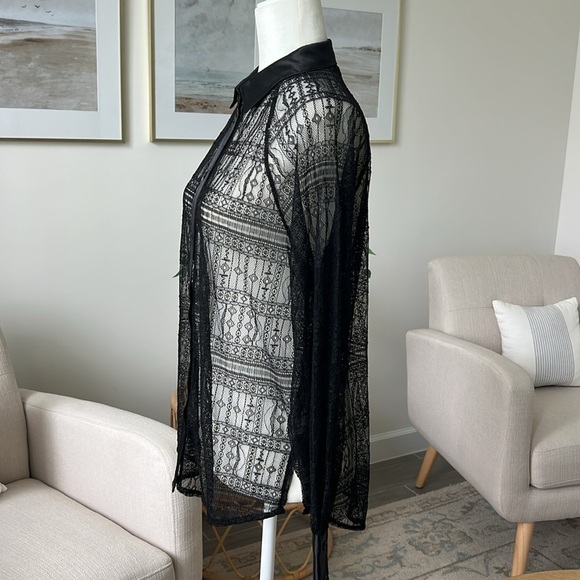 New Jason Wu Black Lace Satin Trim Raglan Sleeve Button Down Overshirt Blouse - Picture 6 of 16